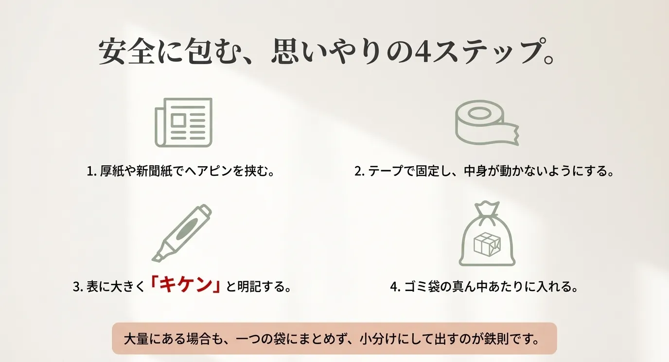 厚紙や新聞紙で挟み、テープで固定し、「キケン」と明記してゴミ袋の真ん中に入れる手順を図解したスライド