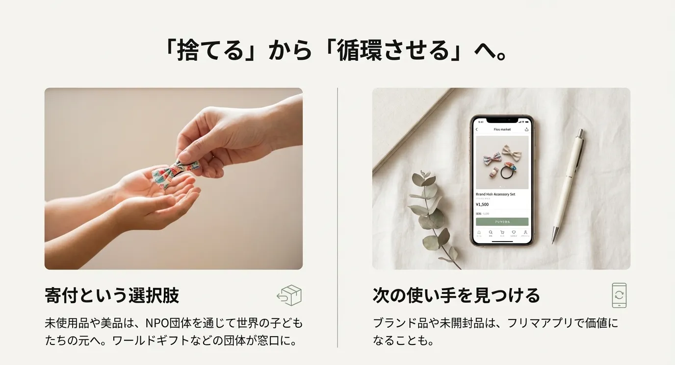 リマアプリでの出品画面や、手から手へモノを渡す写真を用い、寄付や次への使い手を見つける選択肢を提示するスライド。