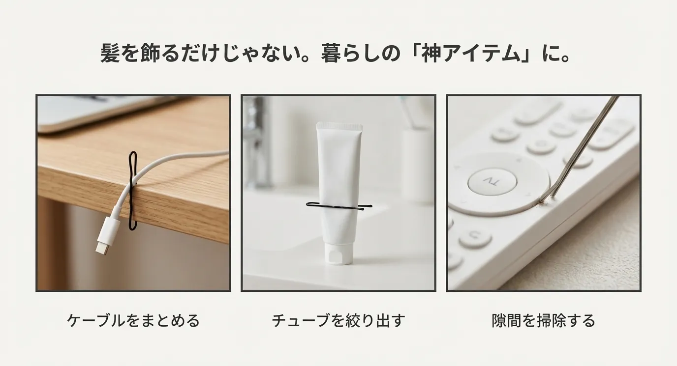 ケーブルをまとめる、チューブを絞り出す、リモコンの隙間を掃除するなど、ヘアピンの具体的な再利用シーンを並べた写真スライド