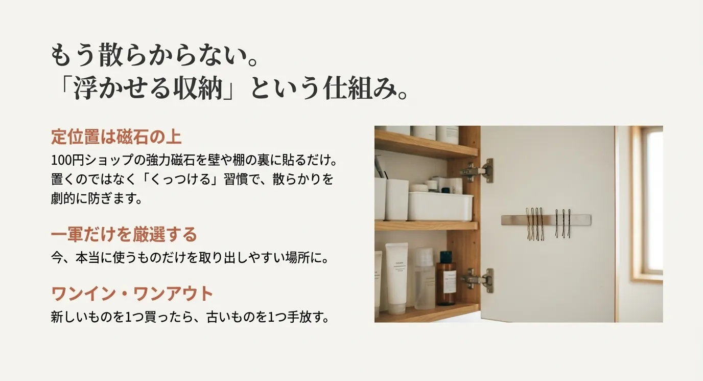 洗面台の鏡裏などに貼った磁石に、ヘアピンを一列に並べてくっつける収納方法と、「ワンイン・ワンアウト」のルールを説明するスライド。