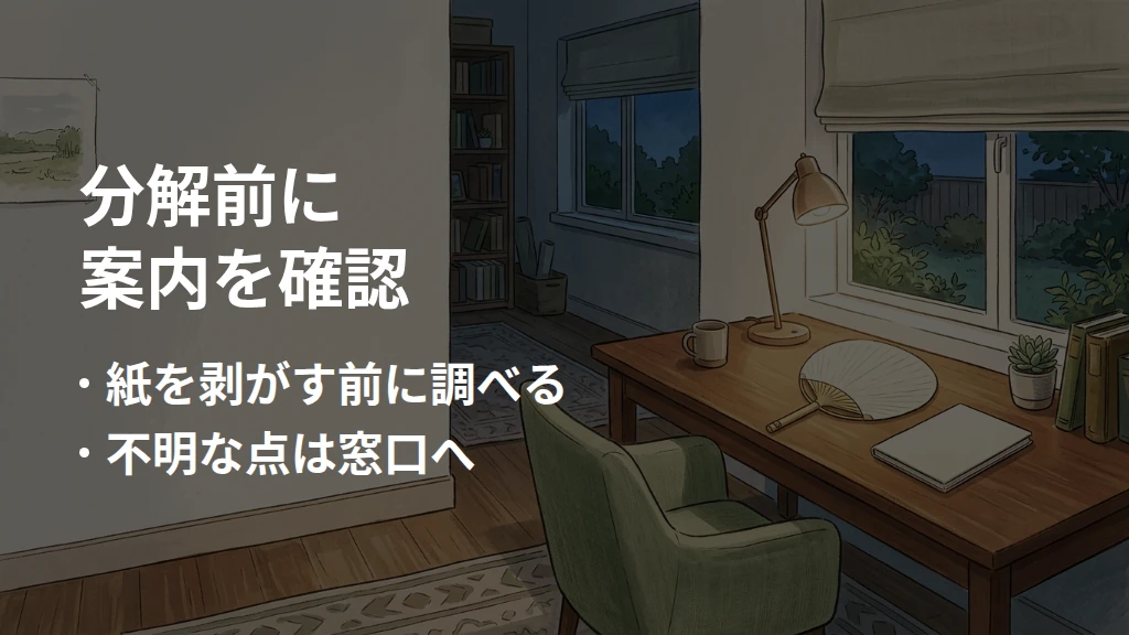 分解前に案内を確認。紙を剥がす前に調べる。不明な点は窓口へ。うちわのある生活空間を背景にした要点図。