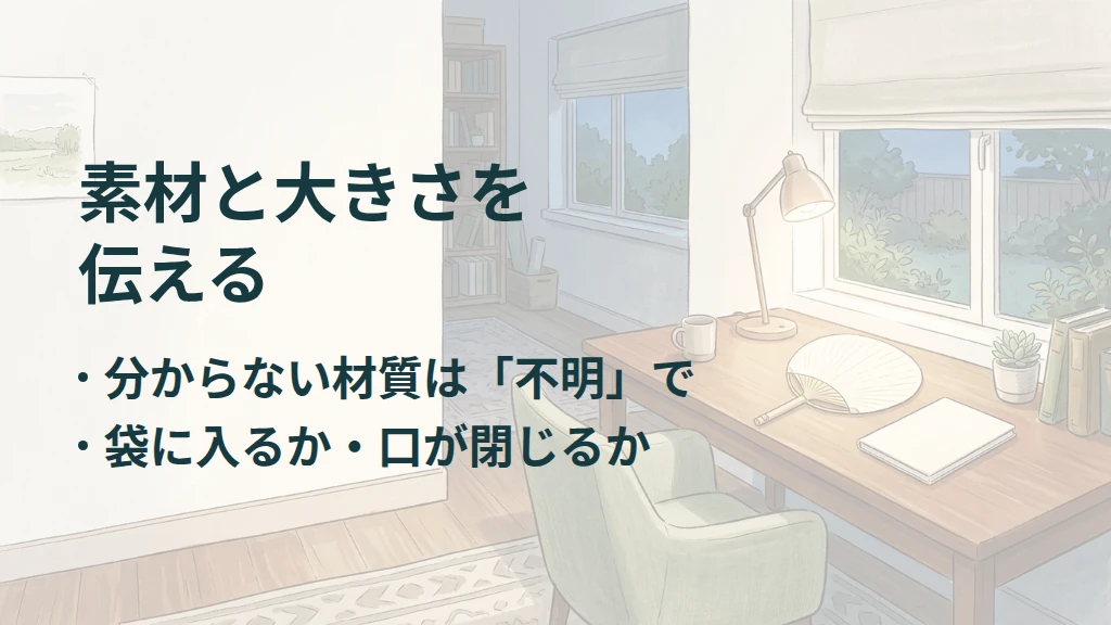 素材と大きさを伝える。分からない材質は「不明」で。袋に入るか・口が閉じるか。うちわのある生活空間を背景にした要点図。