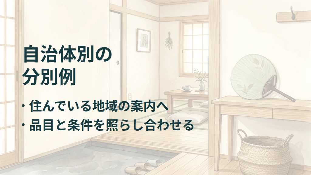 自治体別の分別例。住んでいる地域の案内へ。品目と条件を照らし合わせる。うちわのある生活空間を背景にした要点図。