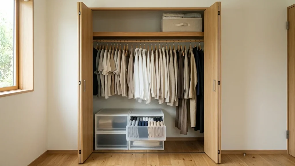 掛ける服とたたむ服を分け、出し入れの余白を設けたクローゼット