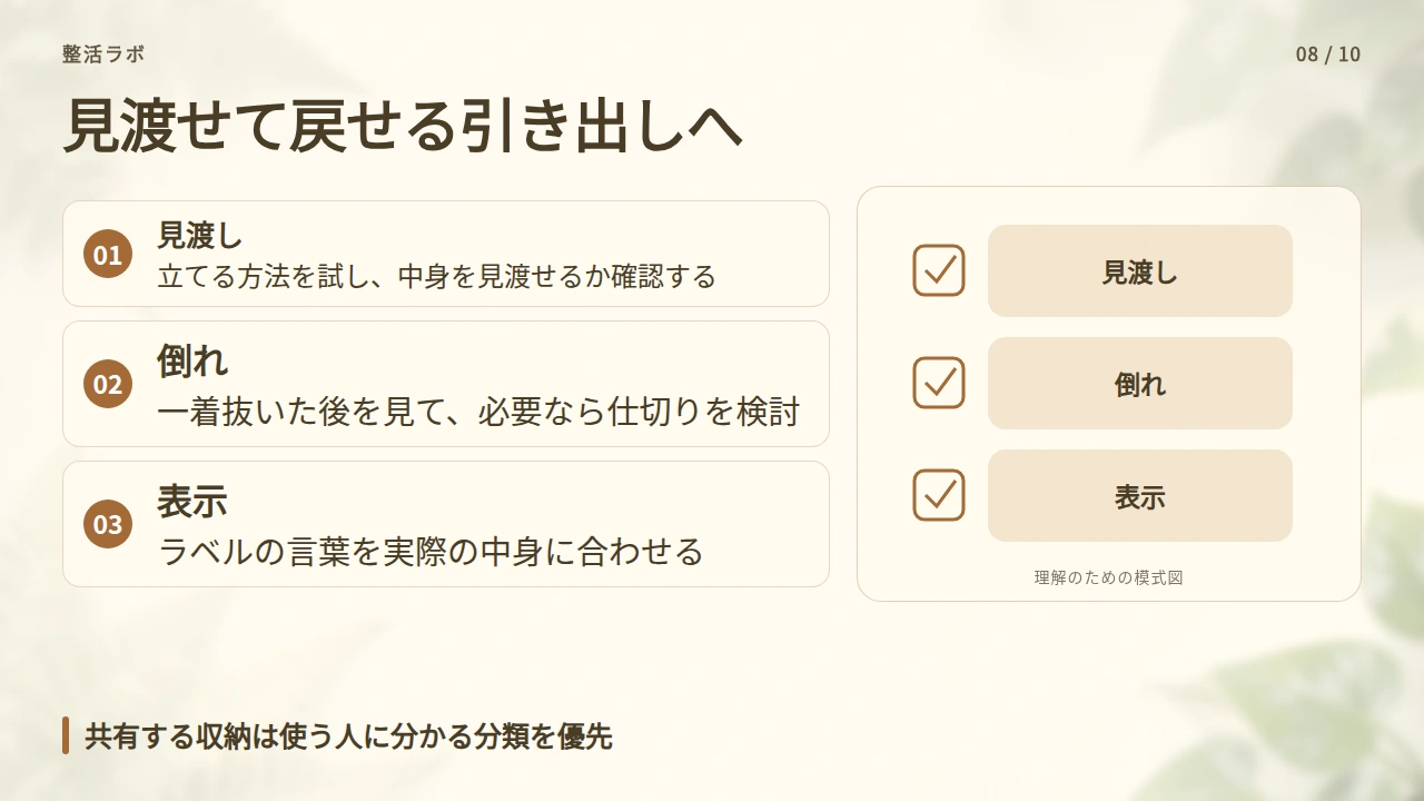 引き出しは見渡せる並べ方と分かる表示にするの要点と図解