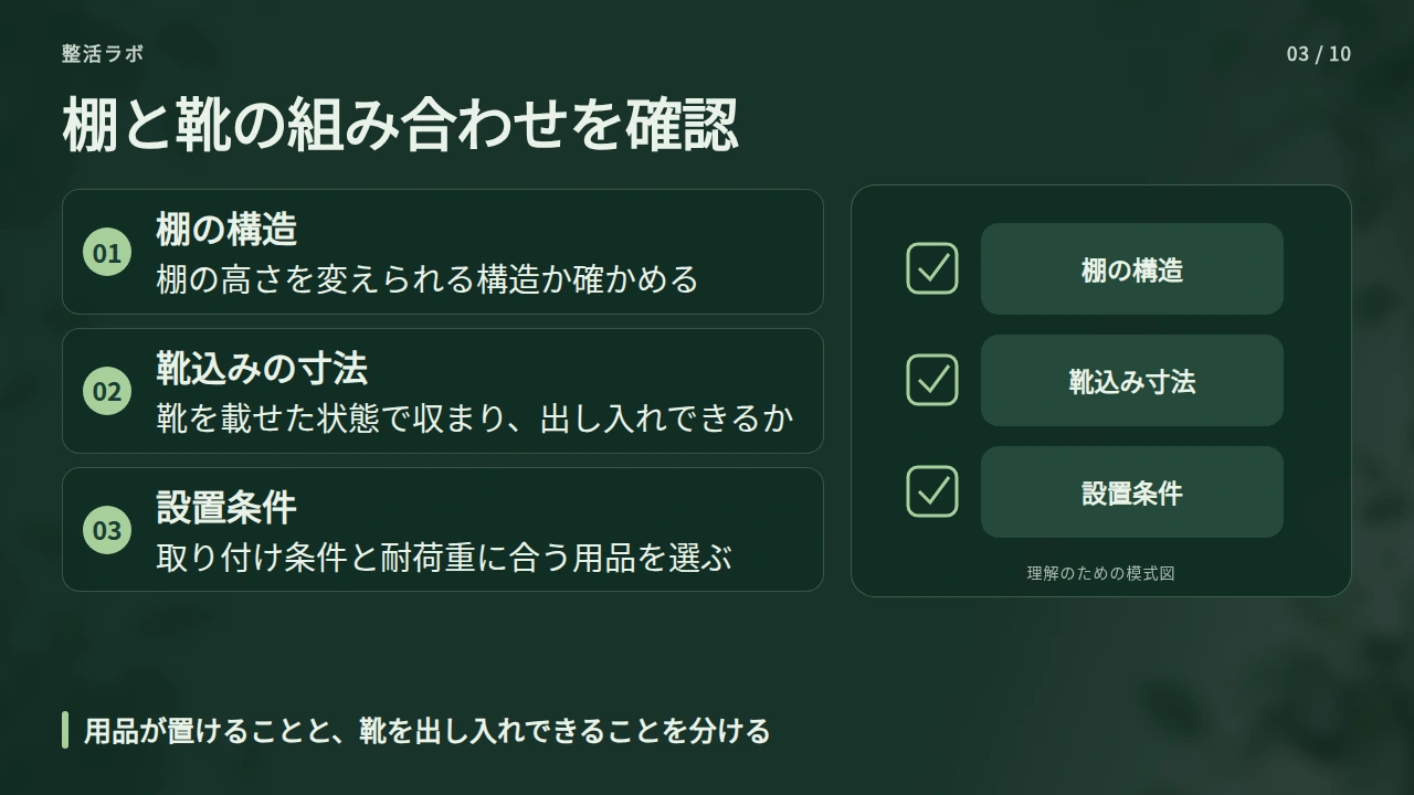 靴の高さと棚の間隔を合わせ、余った空間を見直すの要点と図解