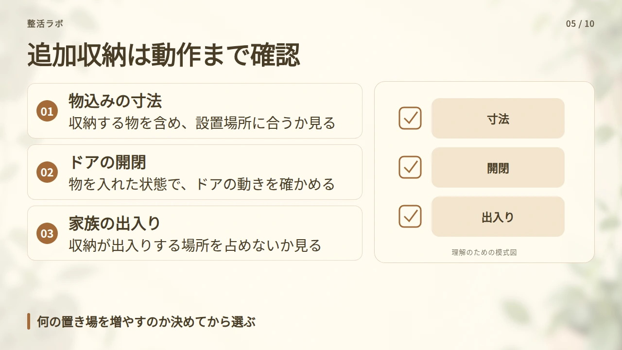 追加収納は、置ける寸法と出入りのしやすさで選ぶの要点と図解
