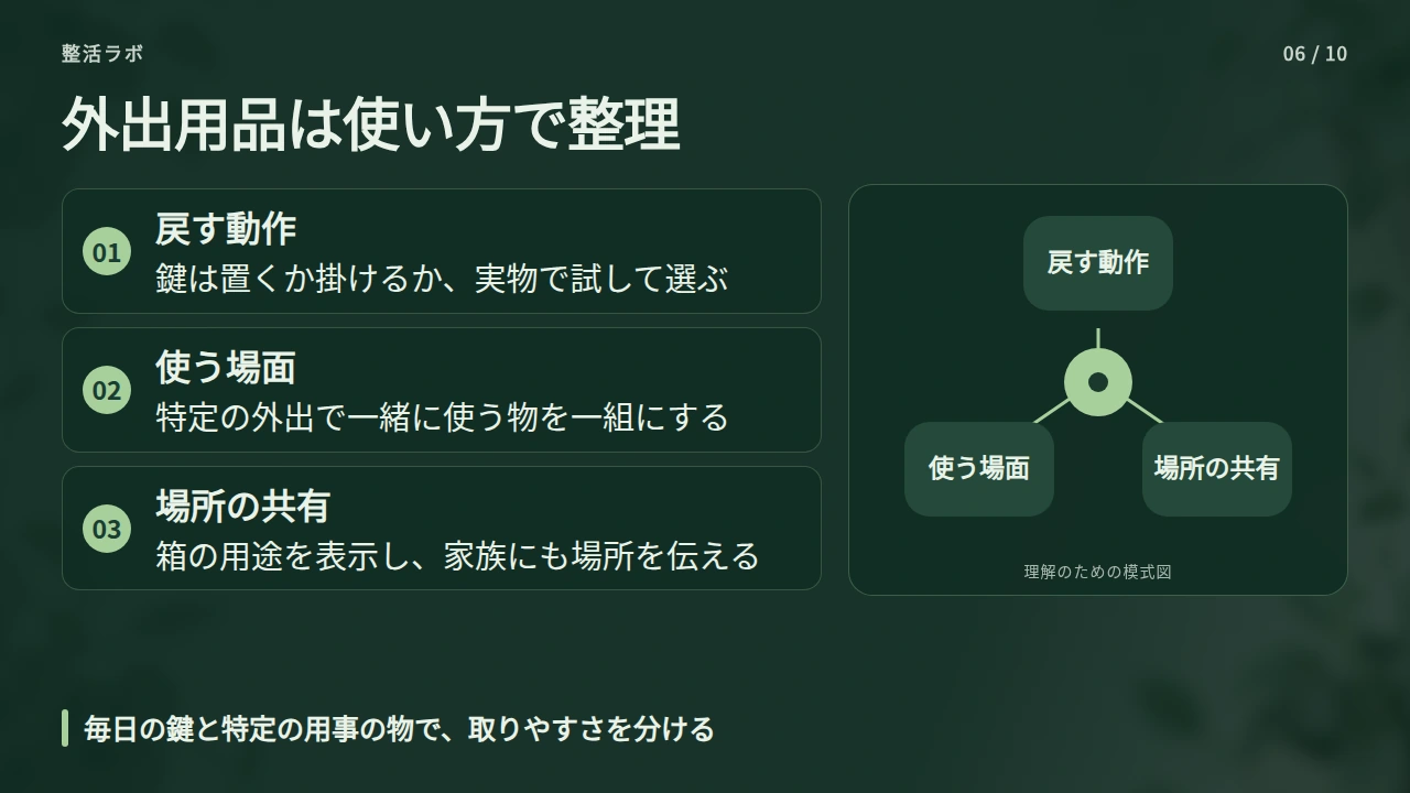 鍵と外出用品は、使う場面に合わせてまとめるの要点と図解