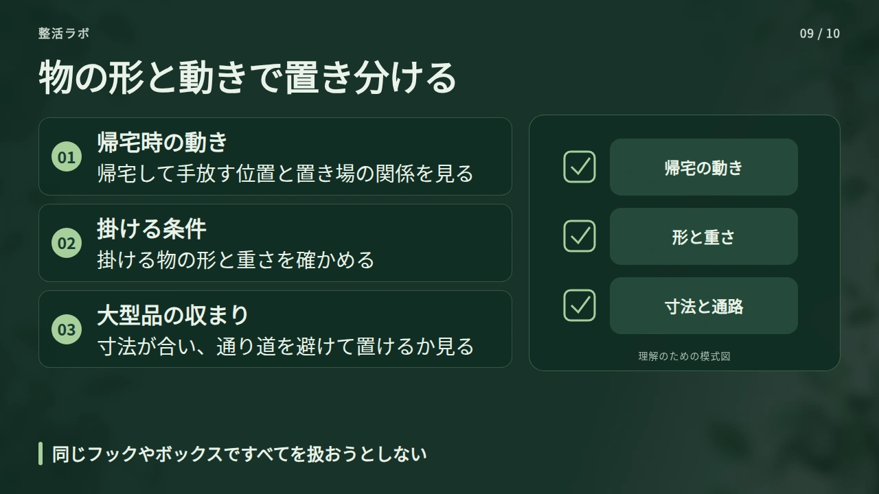 バッグ・上着・趣味用品は、動線と形に合わせて置くの要点と図解