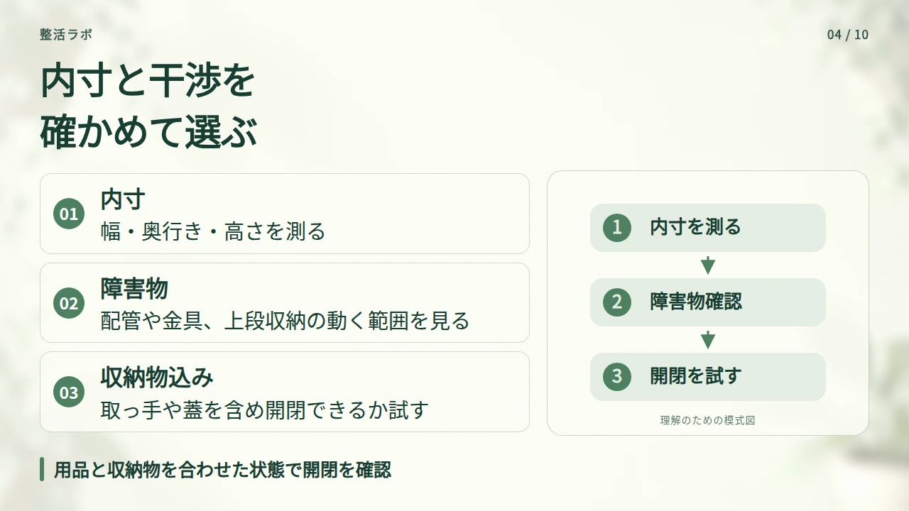 収納用品は内寸と開閉の干渉を調べてから選ぶの要点と図解