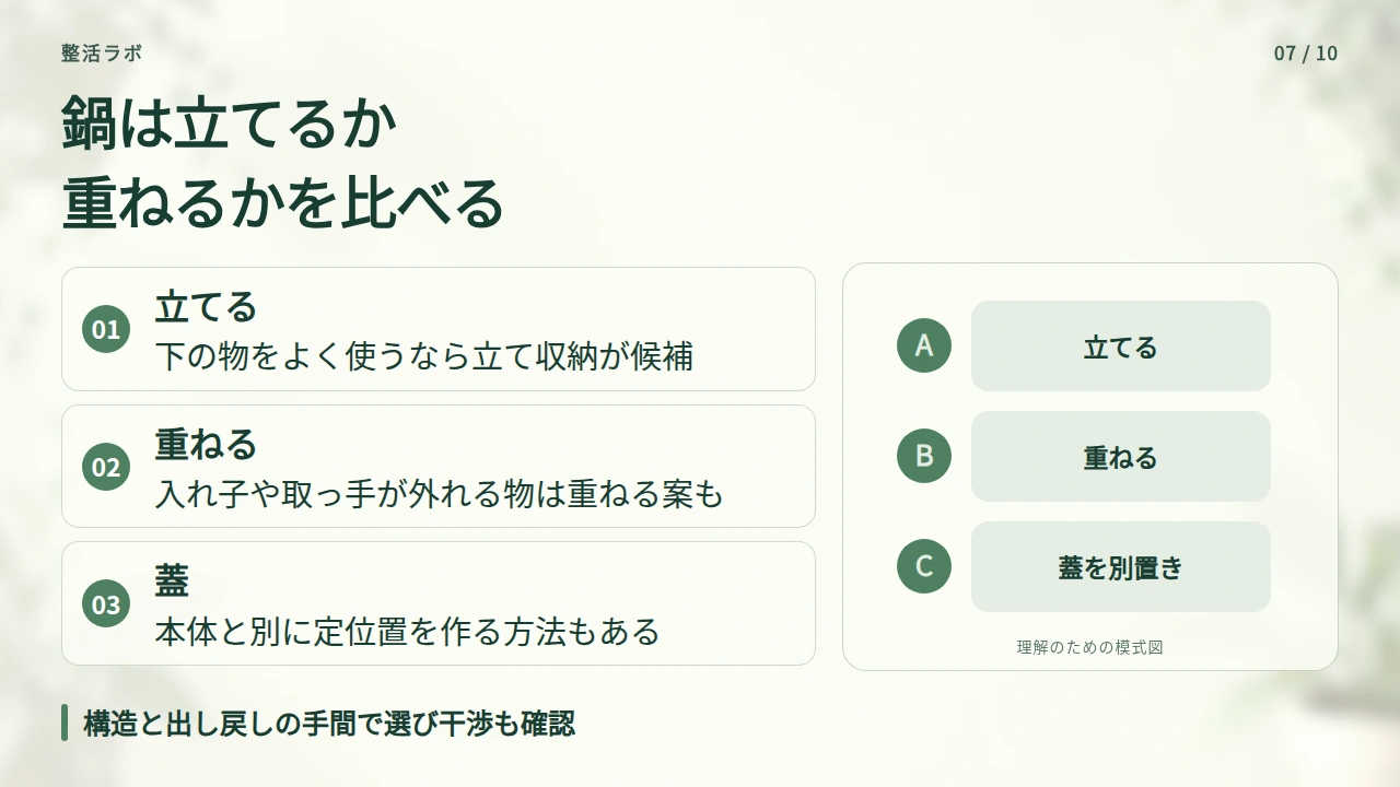 鍋・フライパン・蓋は、立てる方法と重ねる方法を比べるの要点と図解