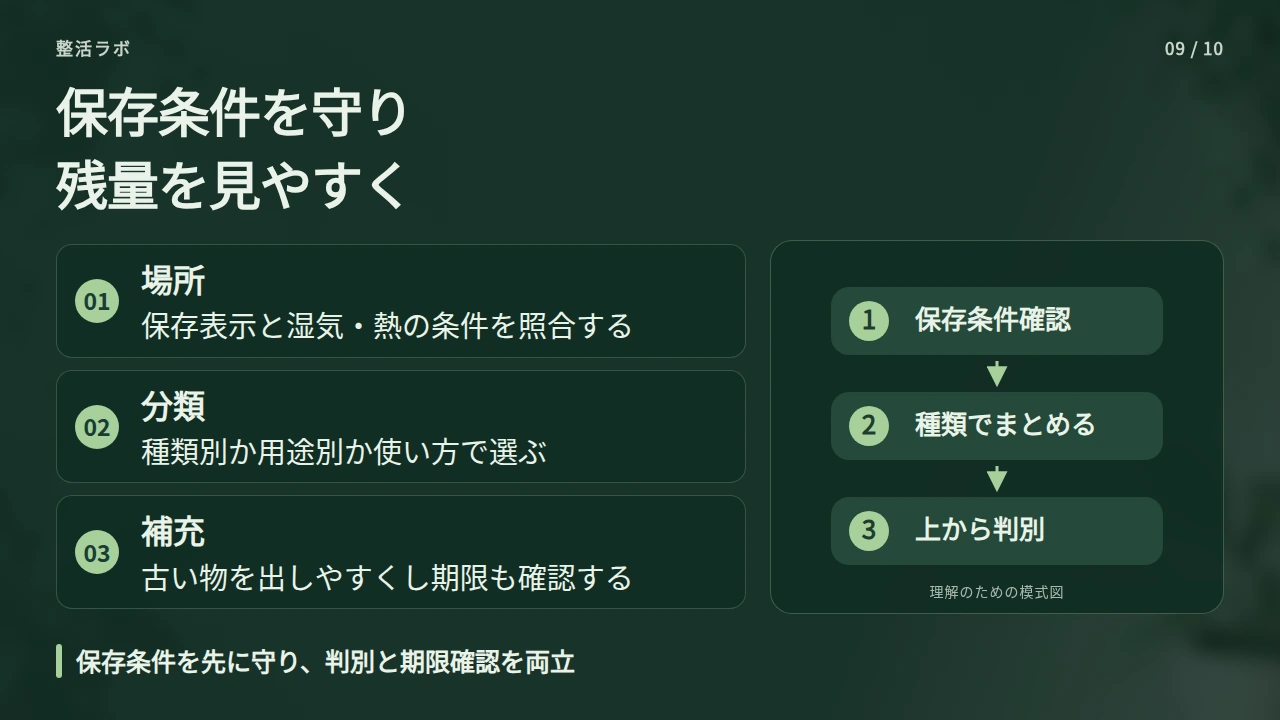 調味料と食品ストックは、保存条件と残量の見やすさを両立するの要点と図解