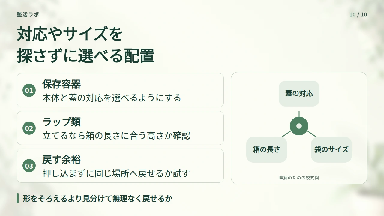 保存容器と消耗品は、対応する物やサイズを探さない配置にするの要点と図解
