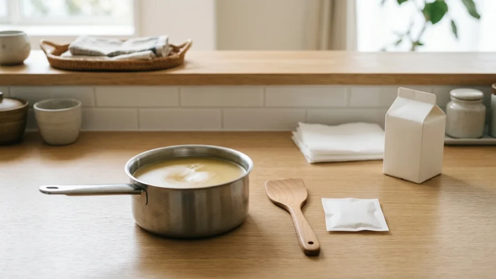 冷えて固まった食用油の入った鍋とフライ返し、紙類を整えた台所のイメージ