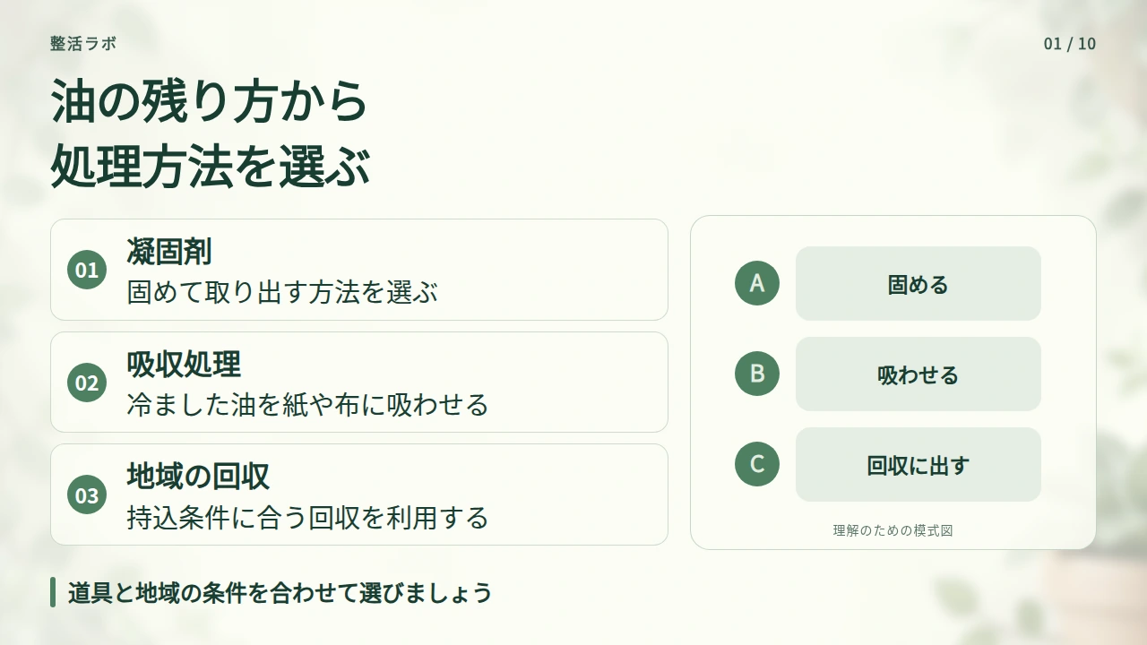 凝固剤を使うか、吸わせるか、回収に出すかを選ぶの要点と図解