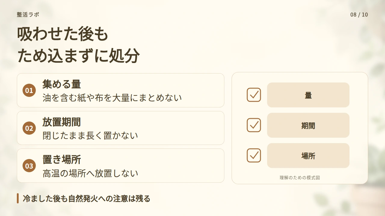 油を吸わせた紙や布をため込まないの要点と図解