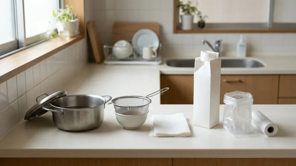 冷ました鍋の汁と、汁を受けるざると容器、吸収用の紙や牛乳パックを並べた台所