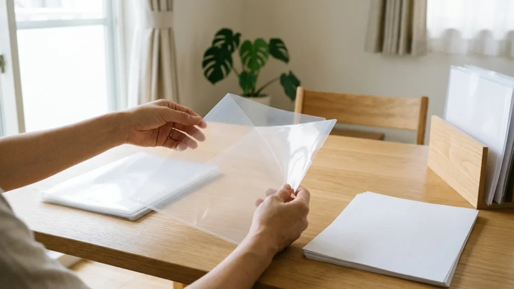 机の上でクリアファイルを一枚ずつ開き、中の紙と残して使う本体を分けている様子。