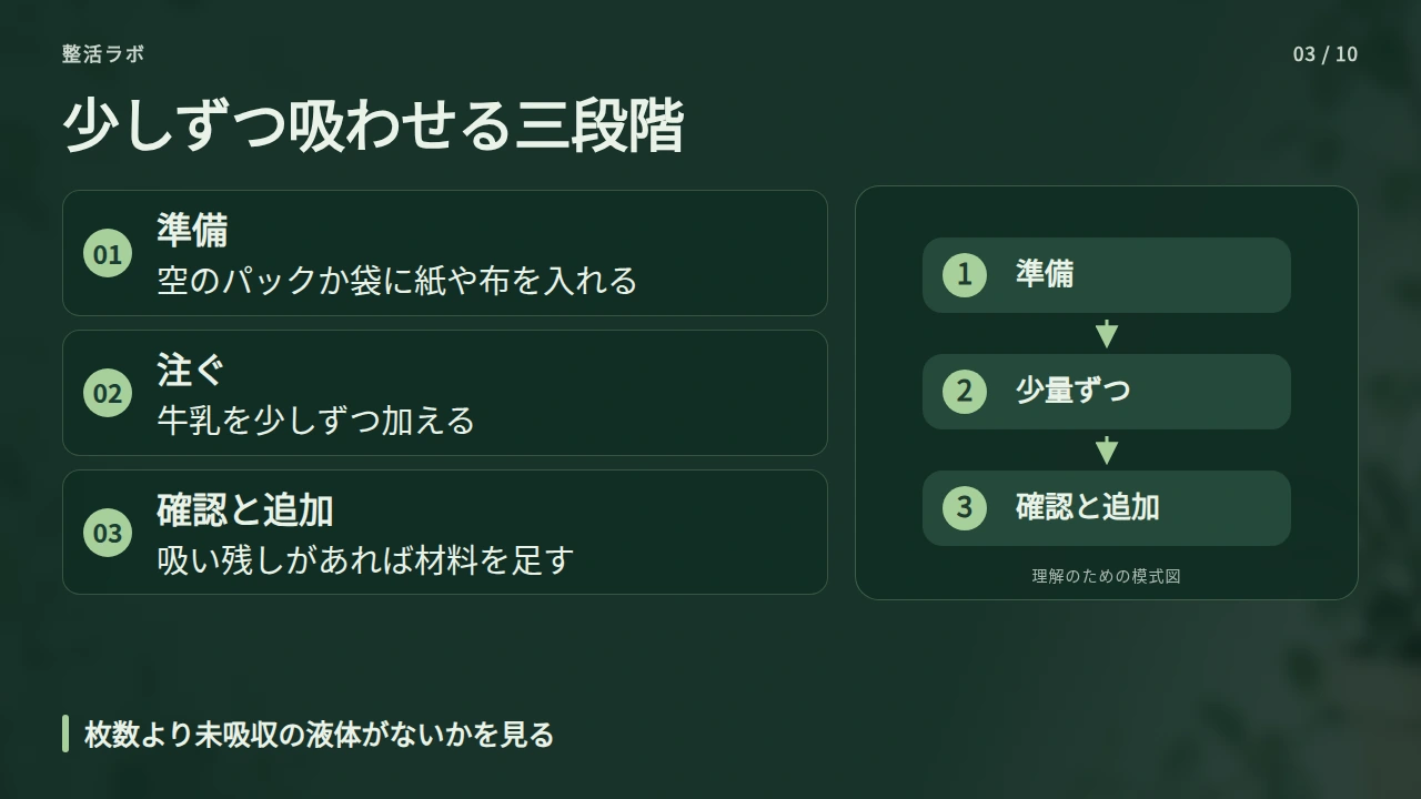 新聞紙や古布に少しずつ吸わせるの要点と図解