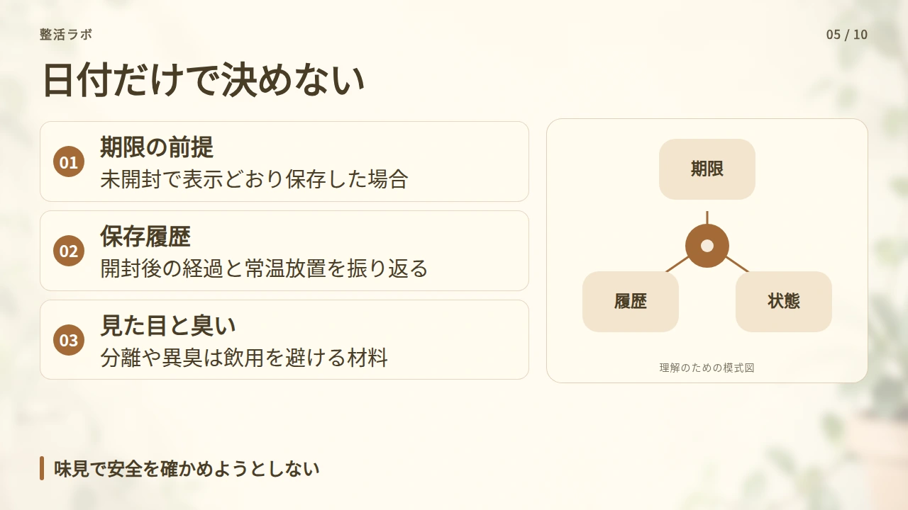 期限切れと腐敗を混同せず、味見せずに判断するの要点と図解