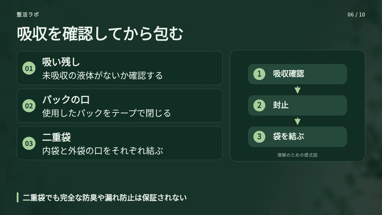 吸収後に封をして、二重袋で漏れと臭いに備えるの要点と図解