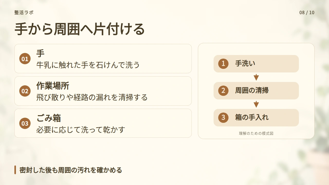 手・作業場所・ごみ箱を順に片付けるの要点と図解