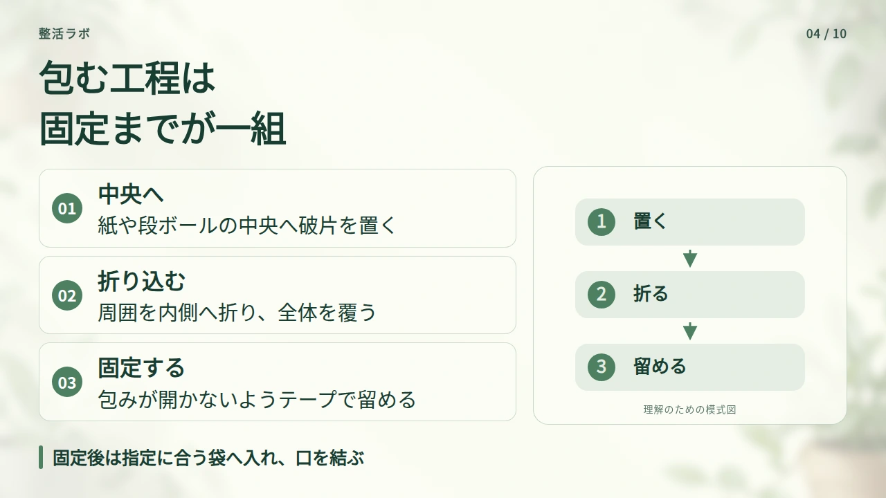 包みを固定して袋へ入れる|二重袋だけに頼らないの要点と図解