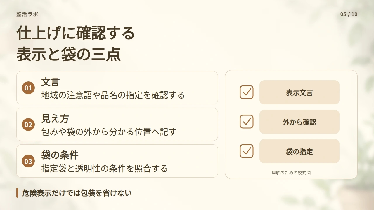 危険表示と指定袋を確認して仕上げるの要点と図解