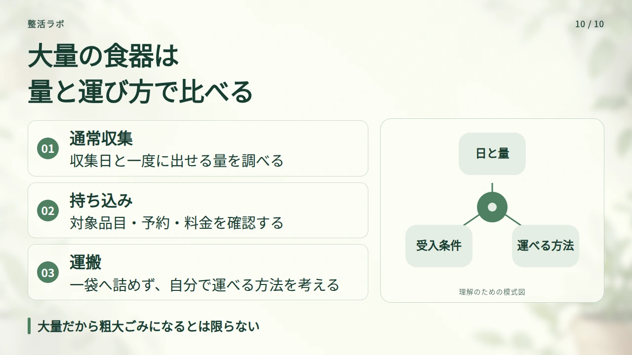 大量の食器は一袋へ詰めず、通常収集と持ち込みを比べるの要点と図解