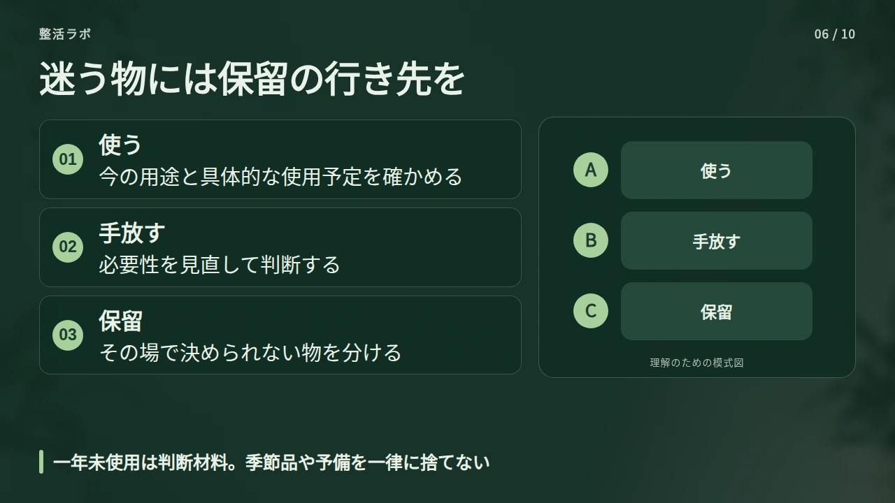 使う・手放す・保留に分け、使用実績と今の必要性で考えるの要点と図解