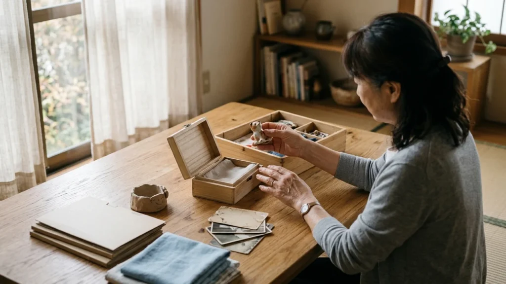 思い出の箱を開き、写真や布小物、子どもの作品の残し方を落ち着いて考える手元。