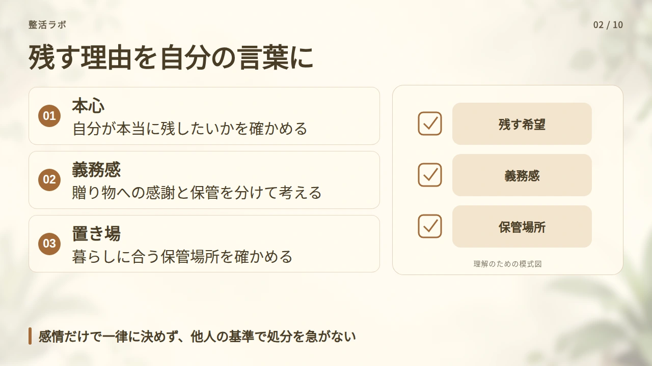本当に残したい品と、義務感で持っている品を分けるの要点と図解