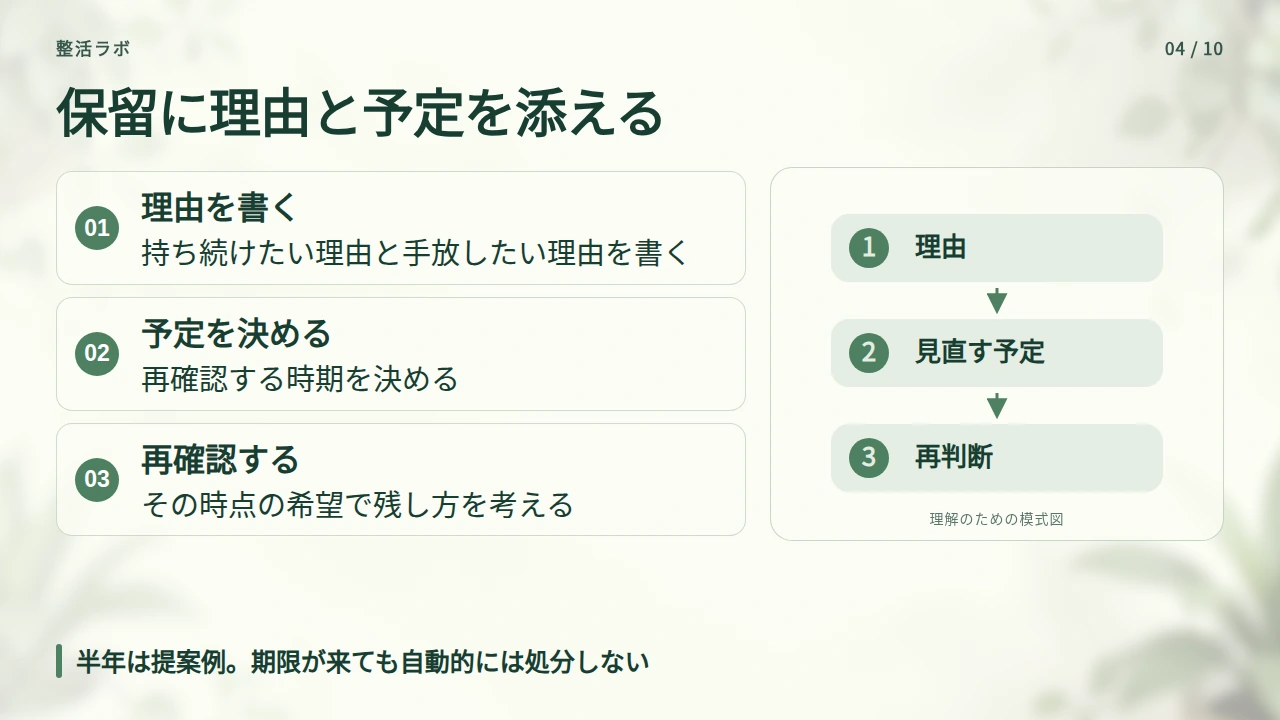 決められない品は、理由と見直す時期を残して保留するの要点と図解