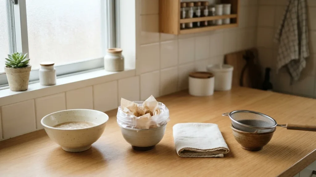 ラーメンの残り汁を回収するため、受け容器と紙入りの袋、古布を台所に用意した様子