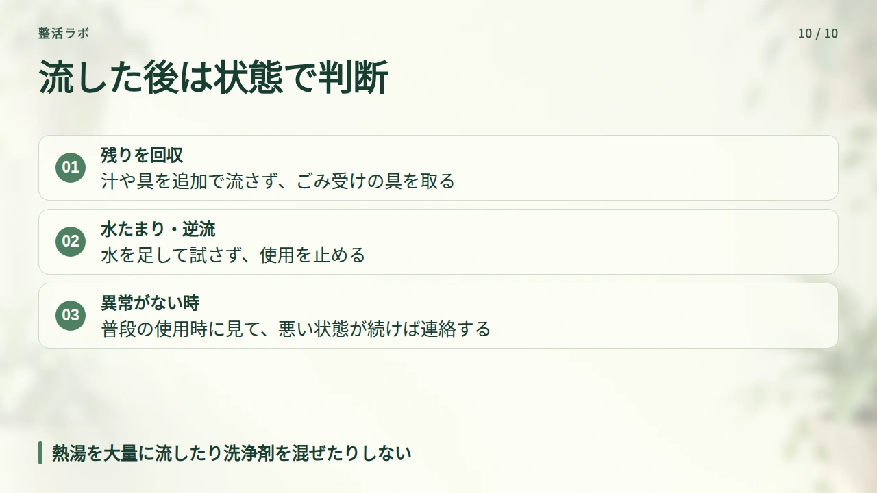流してしまったら、状態を見て使用中止や相談を判断するの要点と図解