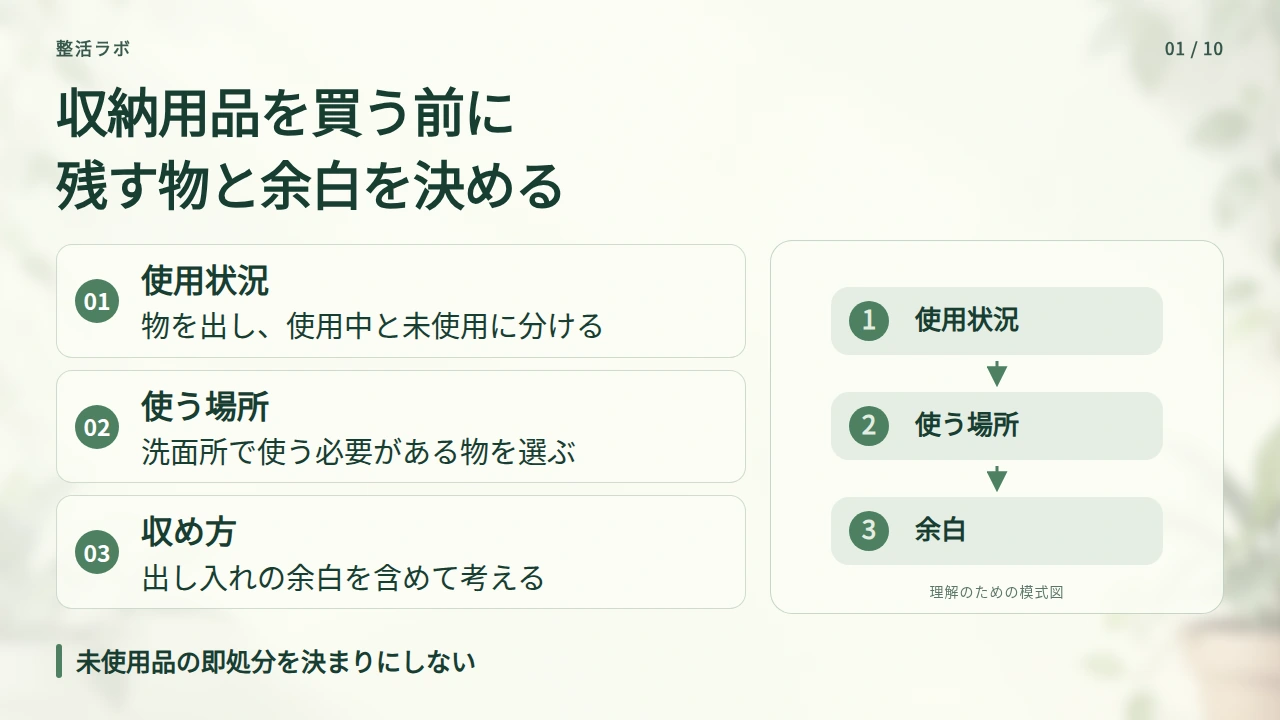 収納用品を買う前に、洗面所で使う物を選び直すの要点と図解