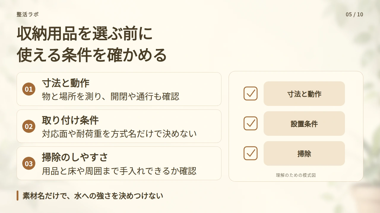 収納用品は寸法・取り付け条件・掃除のしやすさで選ぶの要点と図解