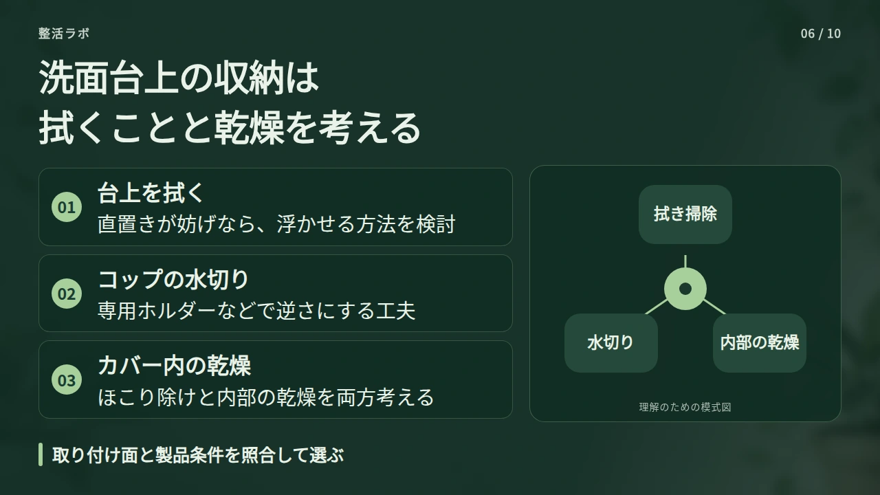 洗面台上は、水切りと拭き掃除がしやすい置き方にするの要点と図解