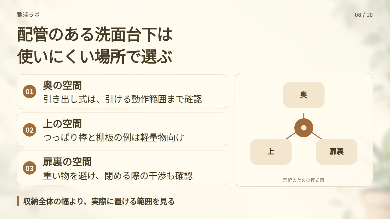 洗面台下は、配管を避けて奥と上の空間を使うの要点と図解