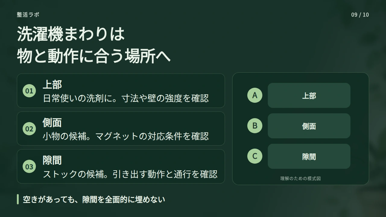 洗濯機まわりは、上・側面・隙間から使える場所を選ぶの要点と図解
